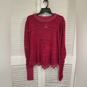 NWT Free People Sangria Wine Openwork Knit Top size M current on revolve $118